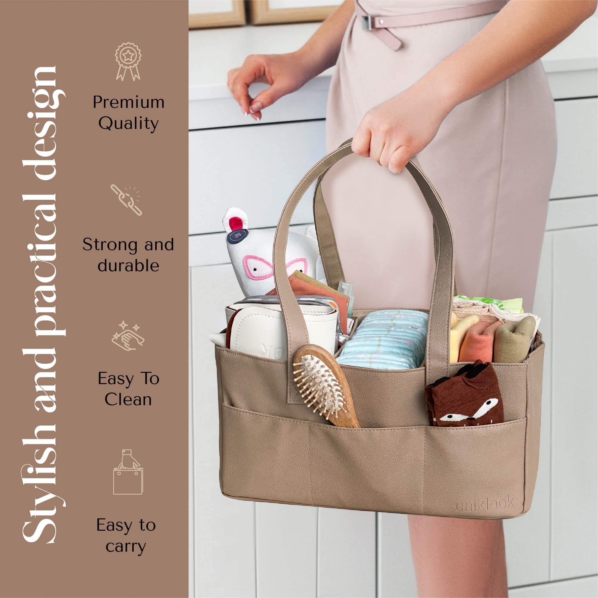 Uniklook Cesta organizadora de pañales para bebé, cesta de almacenamiento, contenedor para pañales y toallitas, de cuero vegano, carrito acolchado de lujo para bebés niñas y niños, cesta de guardería
