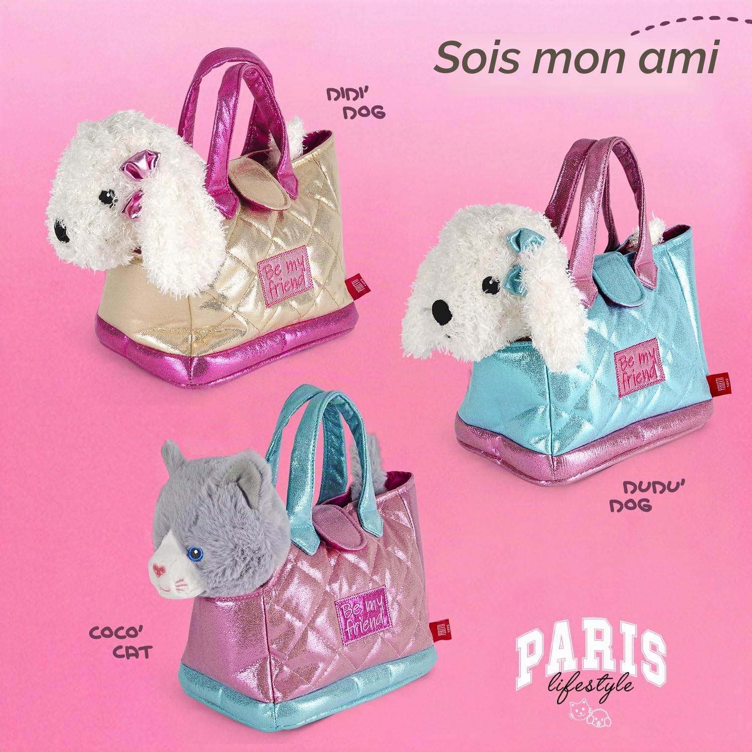 PERLETTI Sac à Main Fille 3 4 5 6 Ans avec Peluche Amovible - Sac Transport avec Animal Doux Caniche ou Chat - Sacoche pour Enfants Petite Fillette École Maternelle