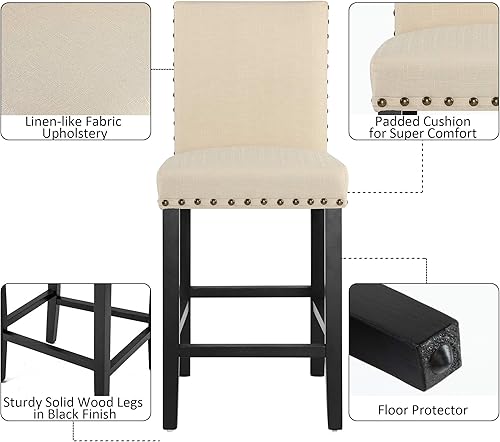 Miniatura 4 de THKSBOUGHT Taburetes de mostrador para decoración de cabeza de uñas, cojines suaves de 24 pulgadas con patas de madera maciza (juego de 2 beige)