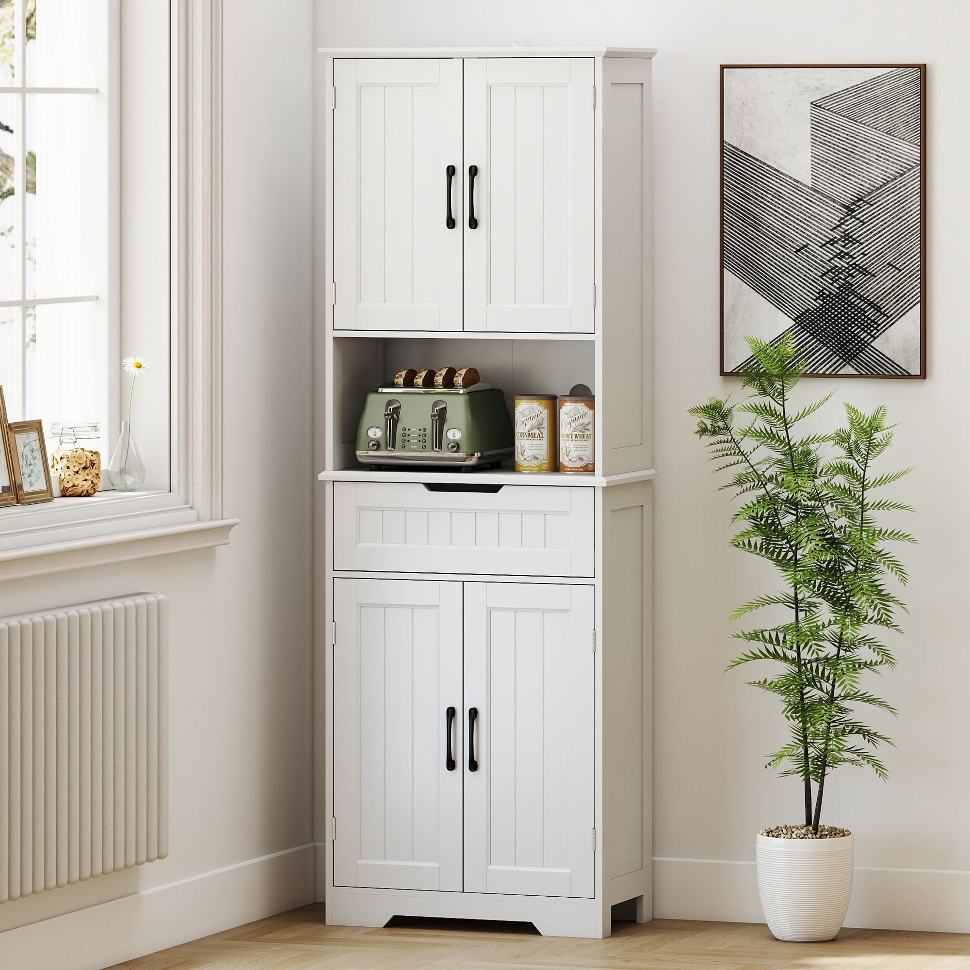 HOMCOM Credenza Cucina Alta, Mobile Dispensa con Foro Passacavi e Piano Portamicroonde, Mobile Cucina con 2 Armadietti, Cassetto, Ripiani Regolabili, per Sala da Pranzo, Soggiorno, 60x30x172cm, Bianco