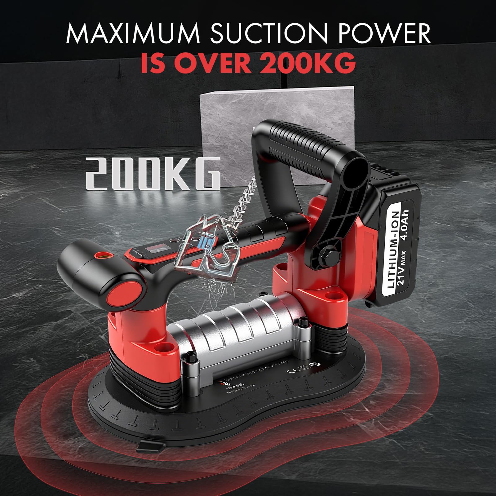 2 in 1 batteria vibrante per piastrelle e ventose con batteria, 200 kg (440 lbs), potenza di aspirazione regolabile a 9 marce, vibratore per piastrelle, vetro, marmo, ventosa 255 x 155 mm
