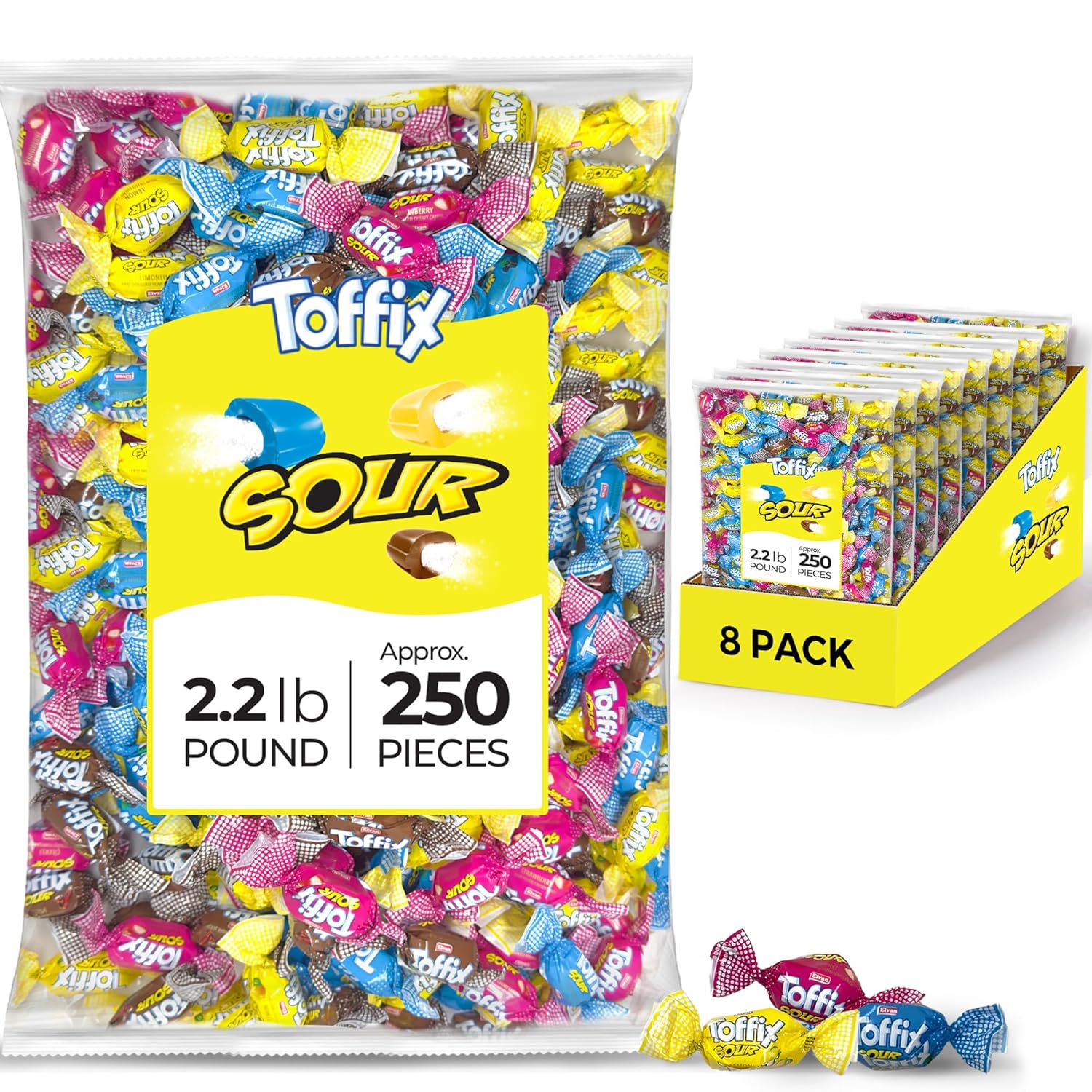 Toffix Sour Chews, Center-Filled Soft Chewy Candy, 250 Pieces of Individually Wrapped Snacks for Kids & Adult, Strawberry, Blueberry, Lemon & Cola Flavored Chewy Candies - 2 Pound Bulk Bag - Pack of 8