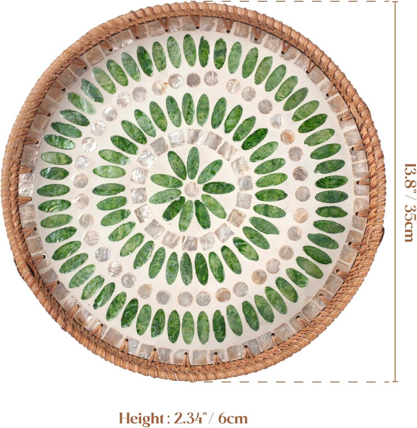 YANGQIHOME Round Serving Tray with Decorative Mother of Pearl Inlay, Wicker Tray for Home Decor, Table Decor, Gifts, Dining, Woven Tray for Food, Fruit, Coffee, 13.8 inch - Image 7