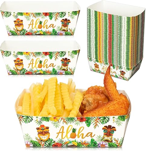 Blulu Paquete de 50 bandejas de papel desechables para decoración de fiestas hawaianas, bandeja para nachos Aloha Nacho, soporte para alimentos,