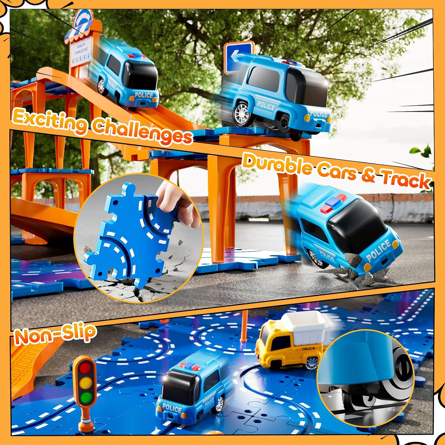 Puzzle Racer Kids Car Track Set, 4-Tier Race Tracks for Kids Ages 3-5 with 3 Cars, Traffic Parts, Trucks for Toddlers 2-4 Years, Floor Puzzle Tracks Car Gift for Boys Girls 3 4 5 Year Old