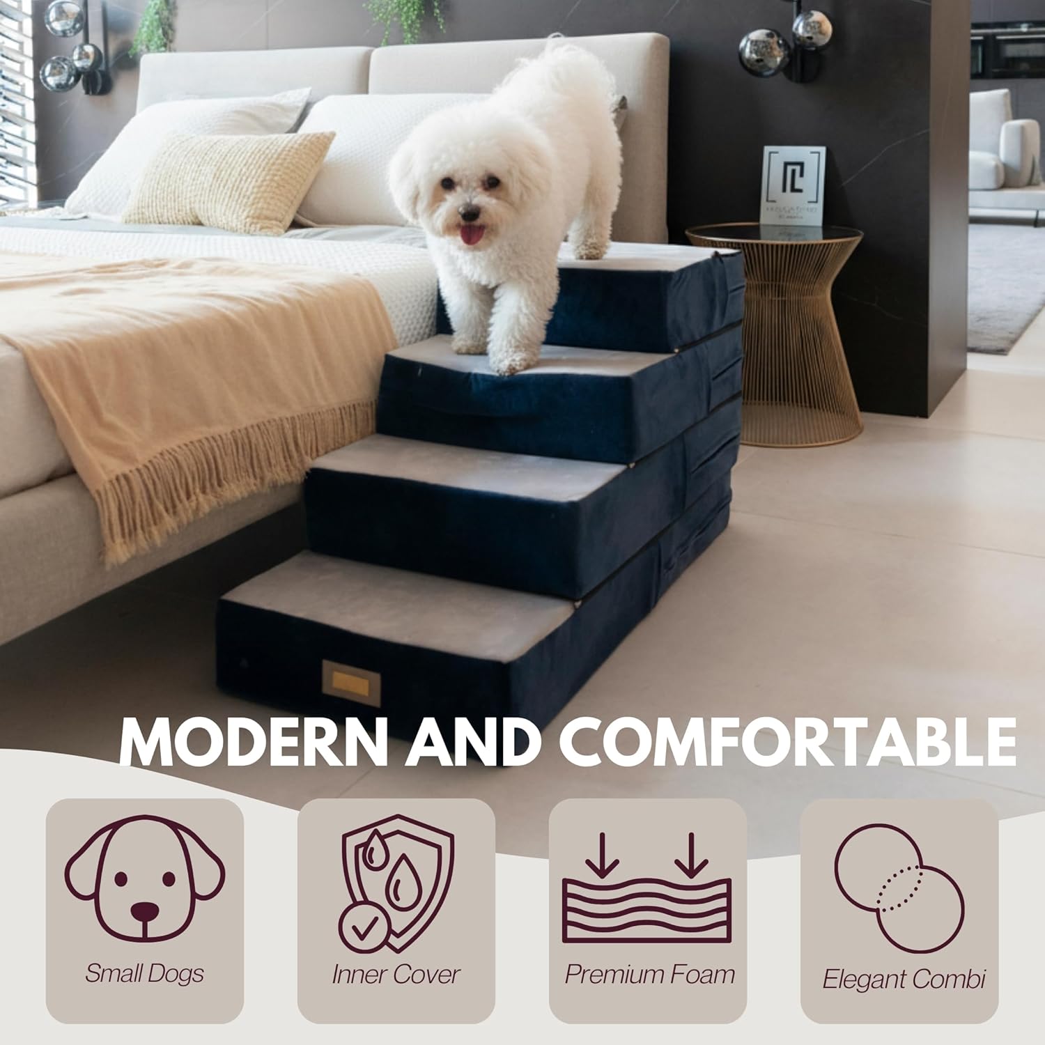 All-in-One Adjustable Dog Stairs – 5-Step Premium Pet Ramp for Small Dogs – Sturdy, Non-Slip & Versatile for Beds, Sofas & More - Soft Cover, Modern Design (Blue & Gray)