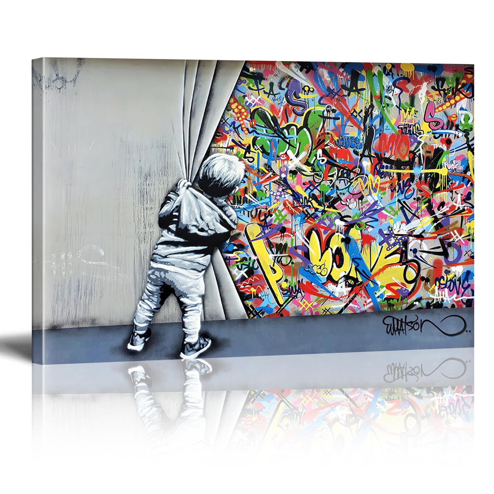 Banksy Canvas Wall Art Pop Street Graffiti Wall Art Decor Cool Poster Paintings Colorful for Men Ready To Hang for Living Room Bedroom Home Bathroom Wall Decor 16x24in Framed