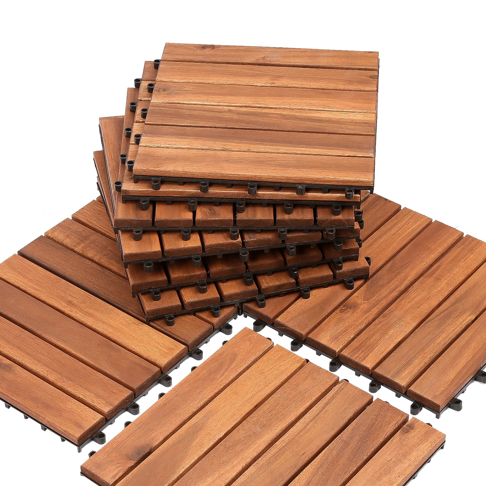 Piastrelle per terrazze, 30 x 30 cm, in legno di acacia, 4 m², antiscivolo, sistema di drenaggio a clic, terrazze, balcone, giardino, marrone