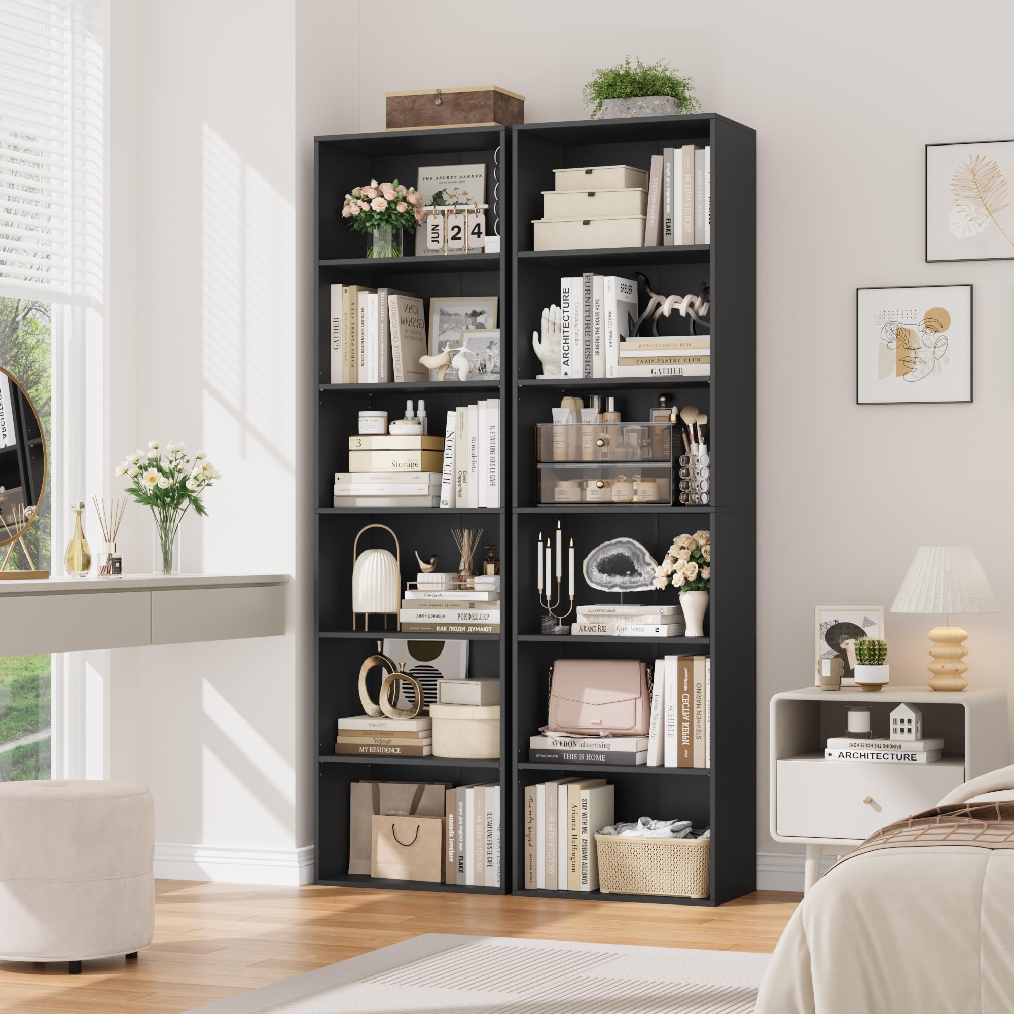 FirFurd Estantería Libros Sinfonier Alto Librería Madera, 6 Compartimentos | Librería Estantería, Biblioteca, Estanterias Almacenaje, Estrecha y Alta, para Salón Oficina Dormitorio Negro 48x30x191Al.cm