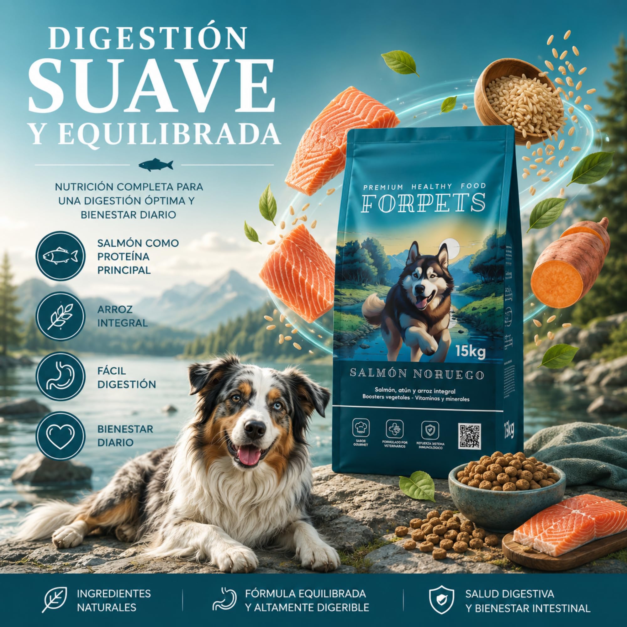 FORPETS Pack Pienso Salmón Noruego 15kg + 9 Latas Cordero y Ternera en Salsa, Comida Natural para Perros Adultos, Sin Trigo ni Maíz, Hipoalergénico, Omega 3 y 6