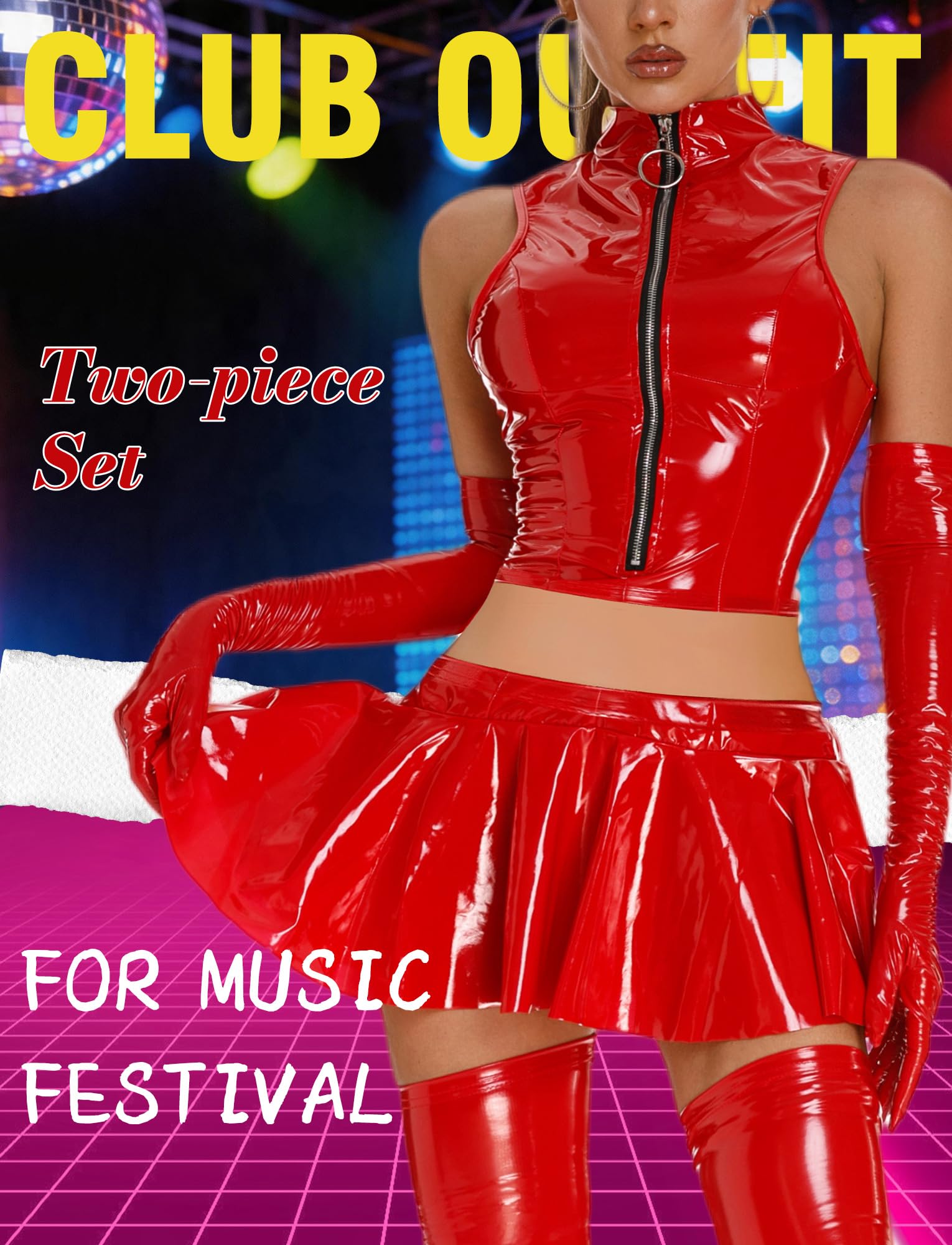 FEOYA Jupes sexy en cuir synthétique 2 pièces avec haut sans manches pour femme, ensemble de lingerie effet mouillé à col montant avec mini jupe plissée en polyuréthane verni, tenue de fête
