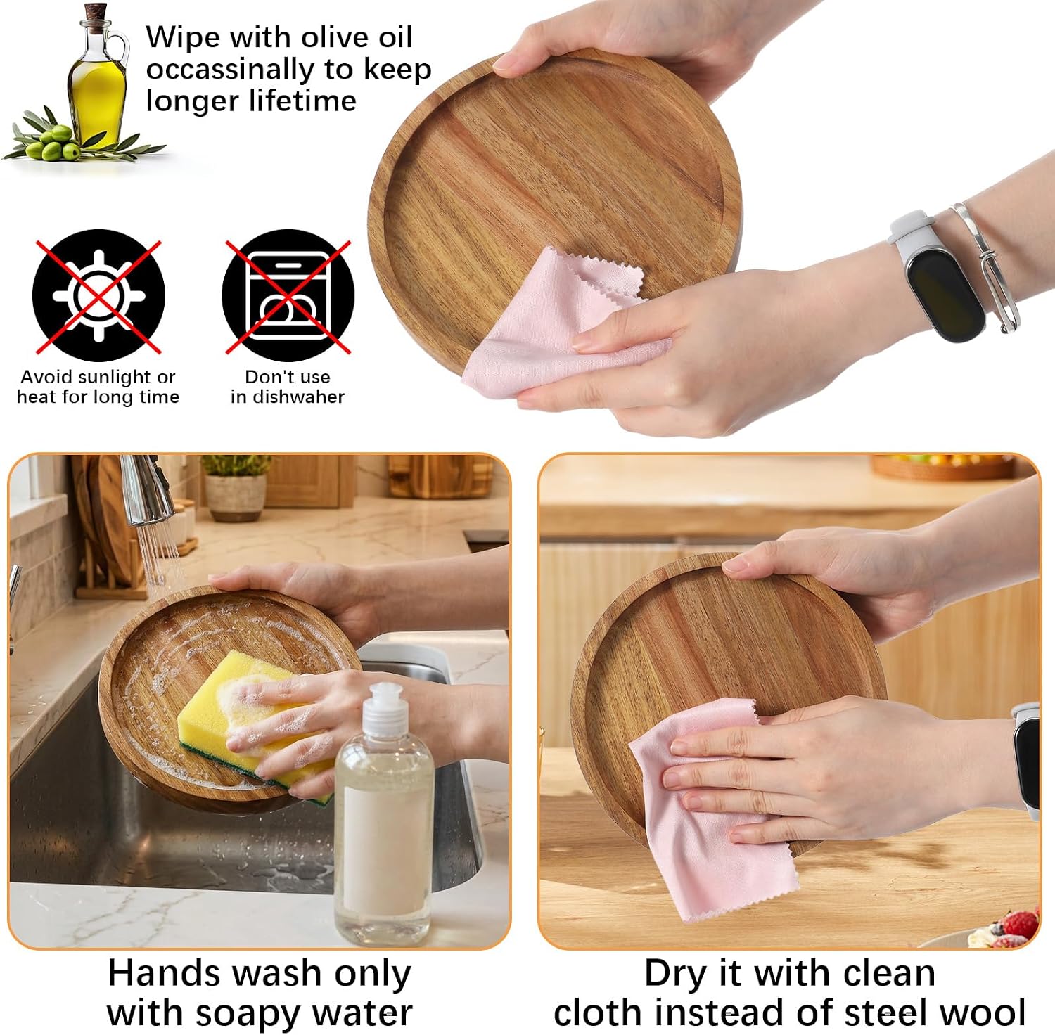 4Pcs Acacia Wood Round Dinner Plates 6 Inch Natural Wood Serving Dishes - Serving Tray & Platters for Home Decor, Vegetables, Charcuterie, Appetizer, Unbreakable Lightweight Dinnerware Set