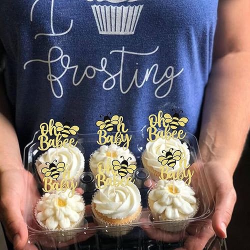 Miniatura 6 de Rsstarxi Paquete de 36 adornos para cupcakes Bee Oh Babee con purpurina Bumble Bee Oh Baby para cupcakes, decoración de pasteles de baby shower,