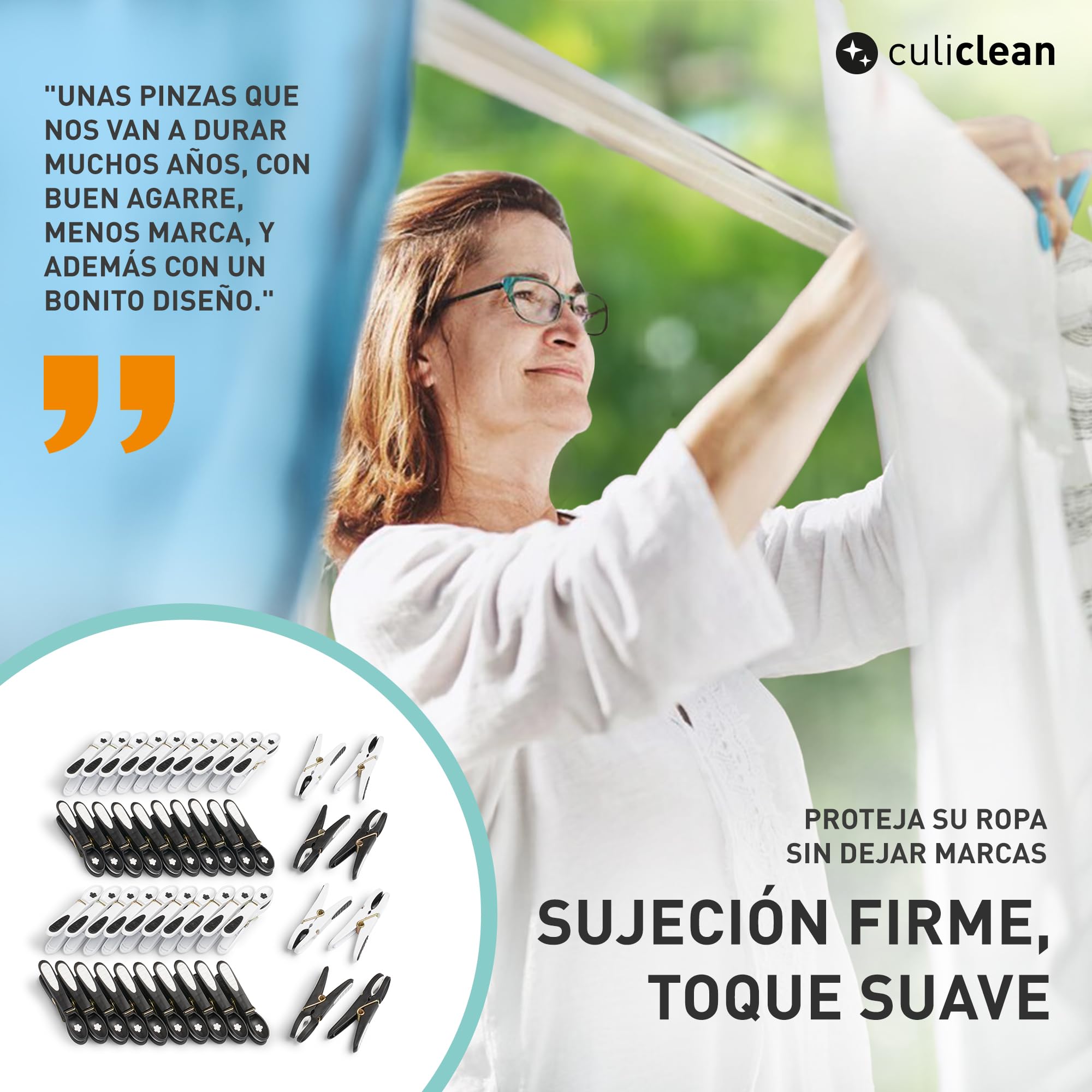 Culiclean - Pinzas para la ropa prémium, varios modelos, plástico, Color blanco y negro con cesta blanca y asa negra., 40 Stück+ 1 Korb