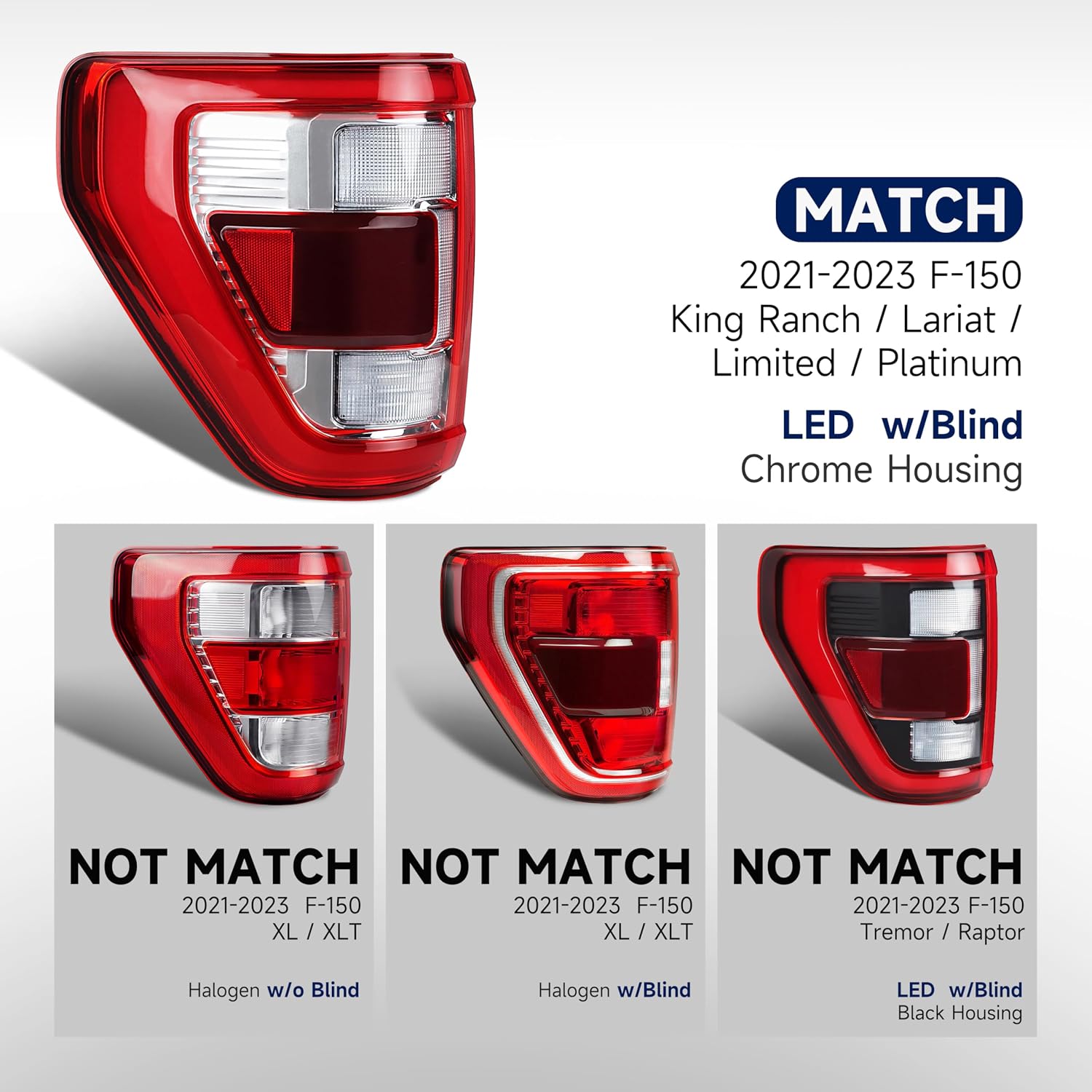 LED Chrome Tail Light Compatible with Ford F150 2021 2022 2023 King Ranch Lariat Limited Platinum Taillights W/Blind Spot, Module Not Included, Left Driver Side, Replace OEM: ML3Z13405D