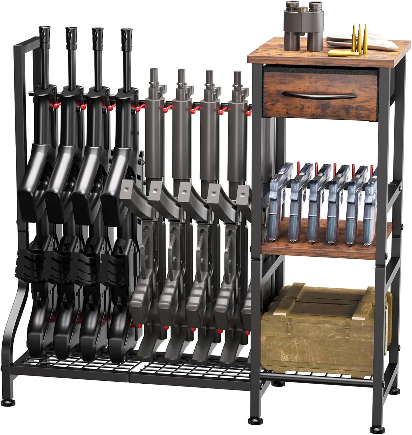YOHKOH Gun Rack for Heavy-Duty Gun Storage with 9 Open Slots and 6 Pistol Holders, Includes Wood Shelf and Drawer, Black Finish with Reinforced Carbon-Steel, Freestanding for Indoor Home Garage Use