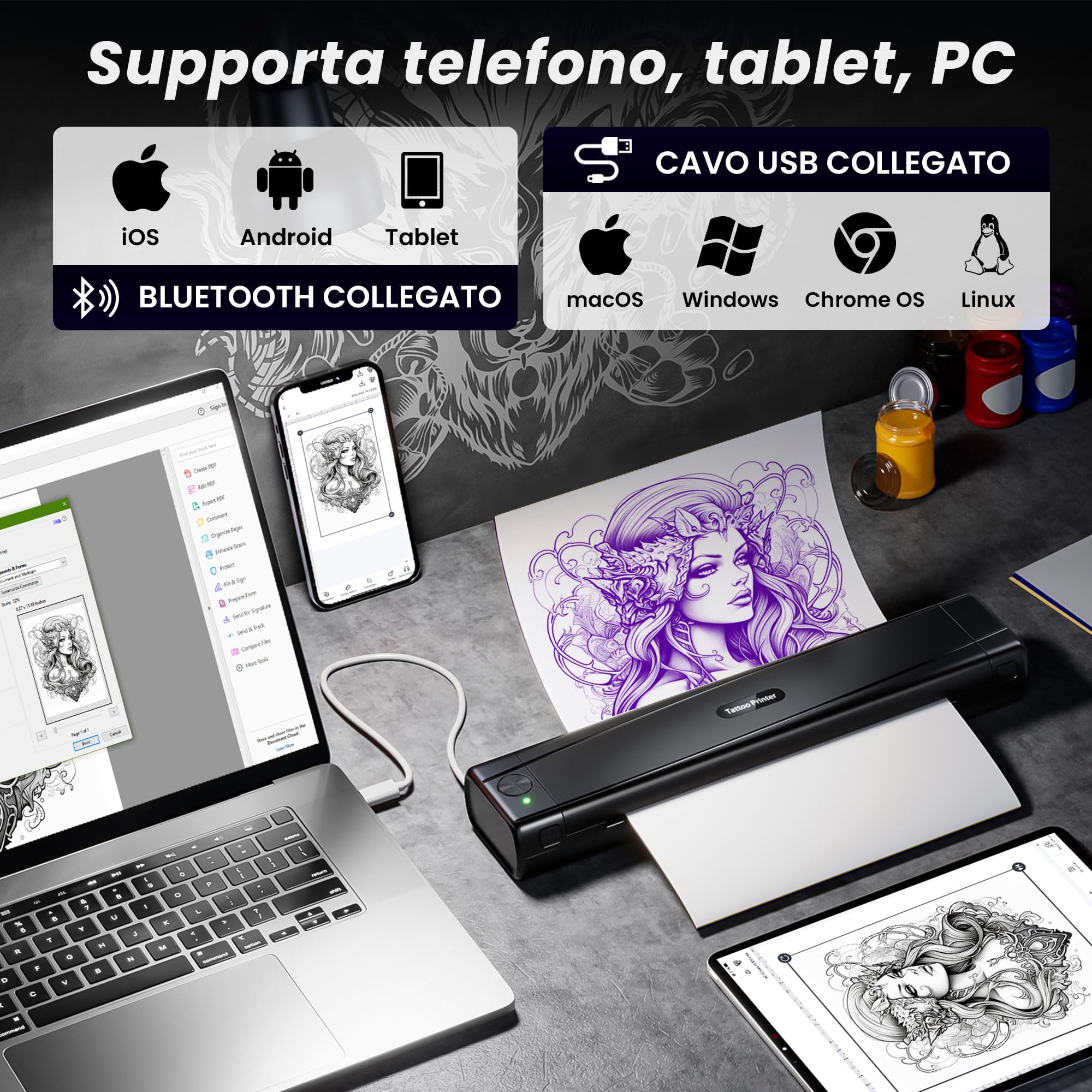 TATTMUSE Stampante Stencil Tattoo, Stampante Termica Tattoo con 10 Fogli di Carta Transfer per Tatuaggi, Stencil Machine per Artisti e Principianti, Bluetooth Compatibile con Smartphone & Tablet