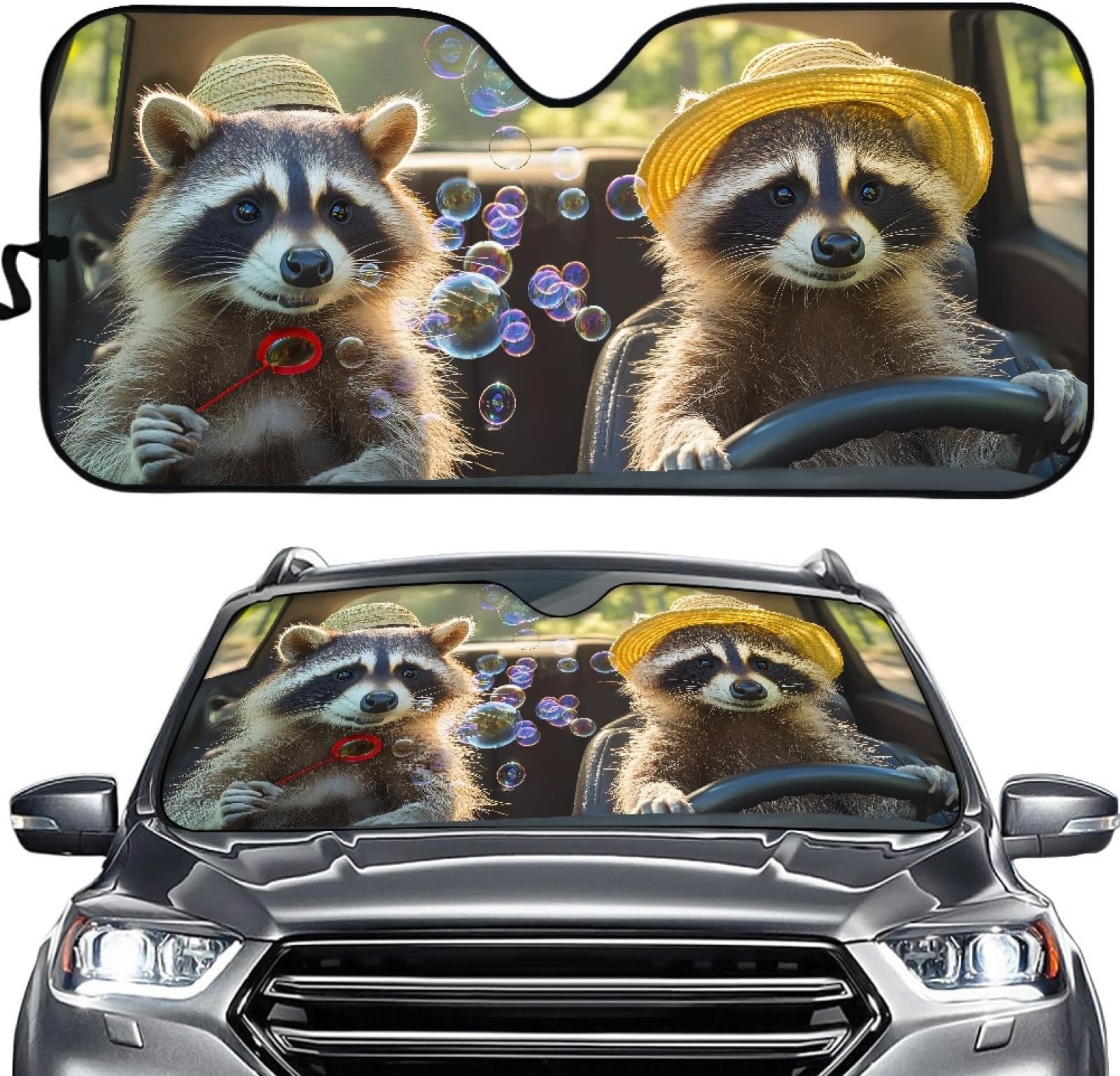 Car Windshield Sunshade, 3d Animals print Front Window Sunshades, Car Sun Shades Windscreen, Heat Shield Sun Visor, Foldable Auto Windscreen Shade (Raccoon)