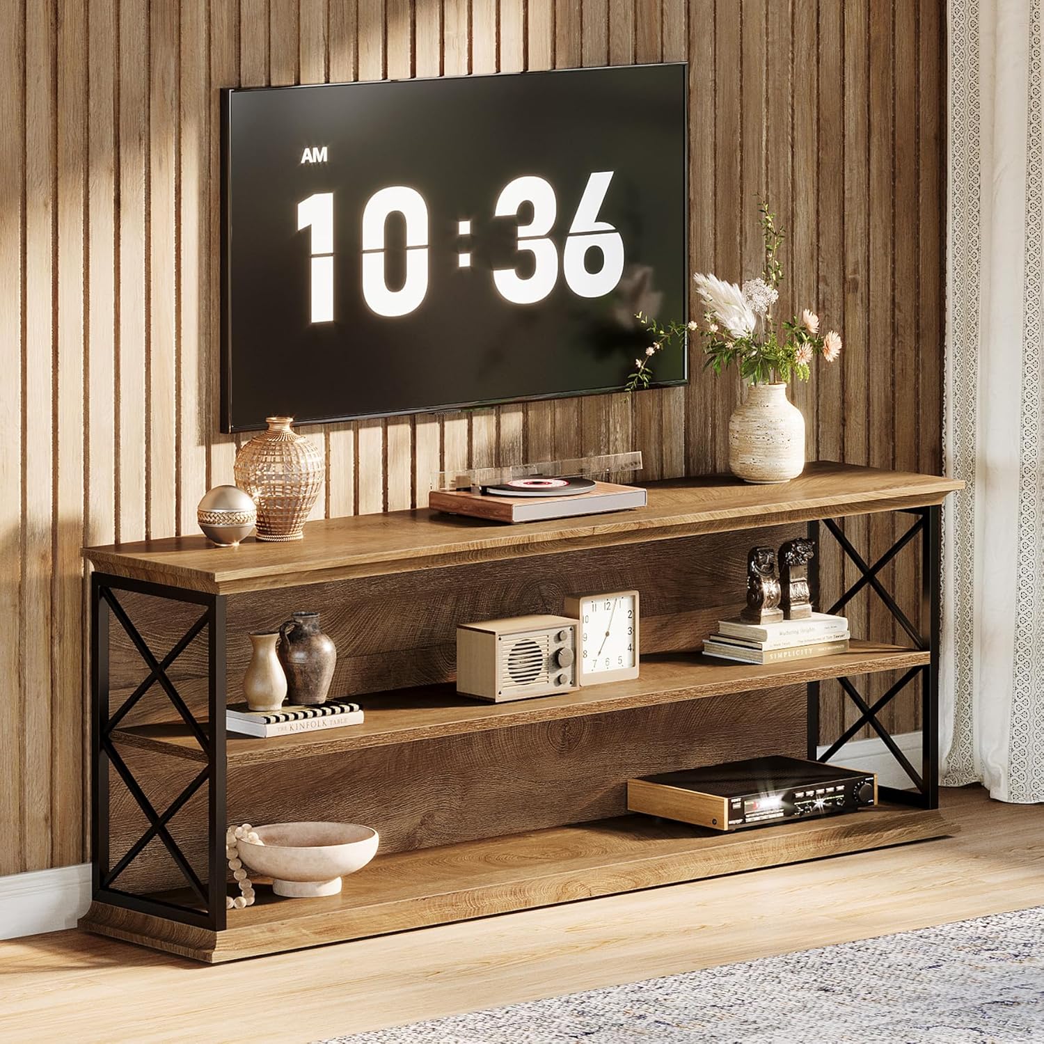 Tribesigns TV Stand for TVs up to 75 Inch, 63-Inch Entertainment Center with Open Storage, Wooden Rustic Media Table for Living Room, Bedroom, Brown