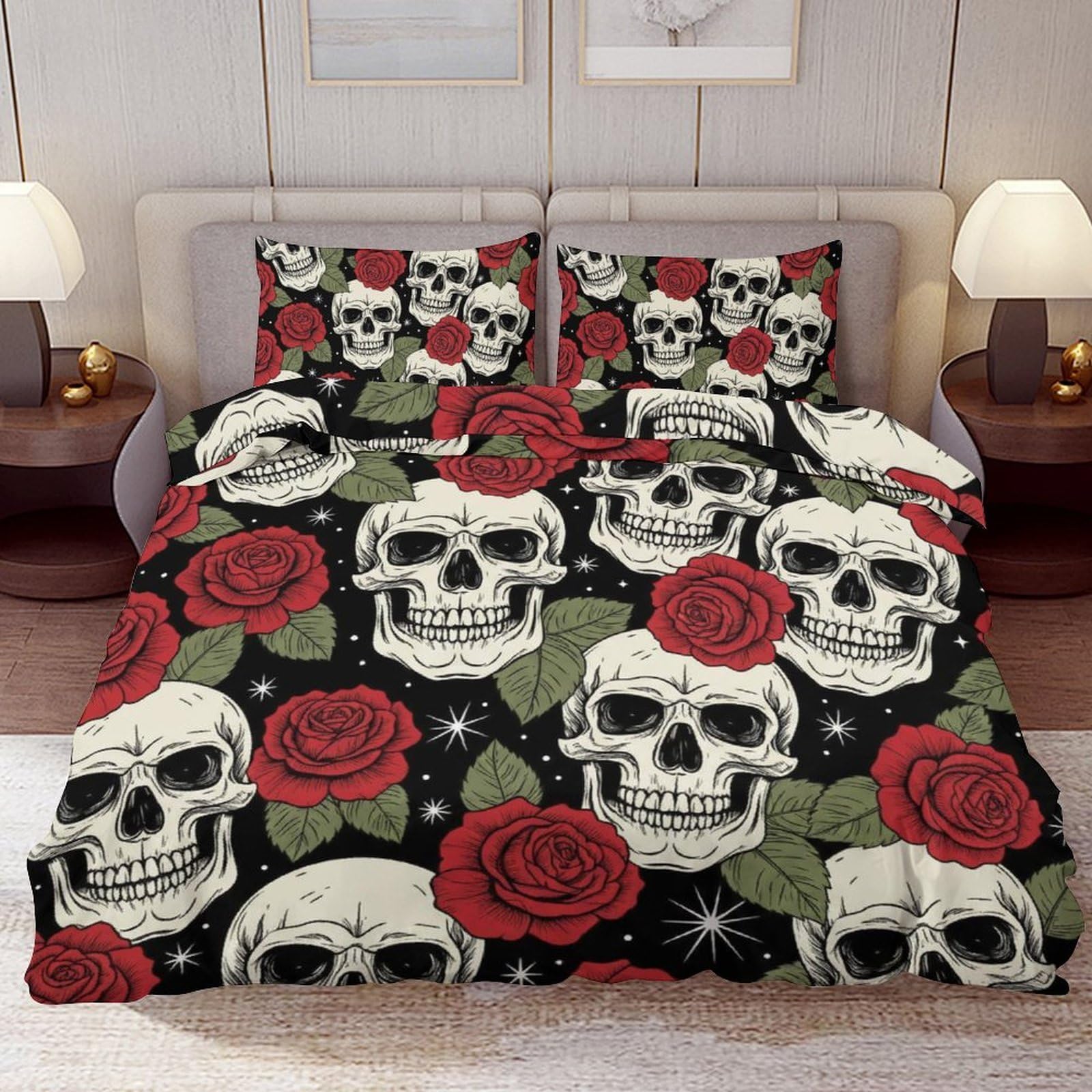 Delerain Comforter Cover Set Queen Size, Romance Rose Skull 3-Piece Bedding Set for Women Men Modern Soft Microfiber Bedroom Set Room Decor, 1 Duvet Cover + 2 Pillowcases