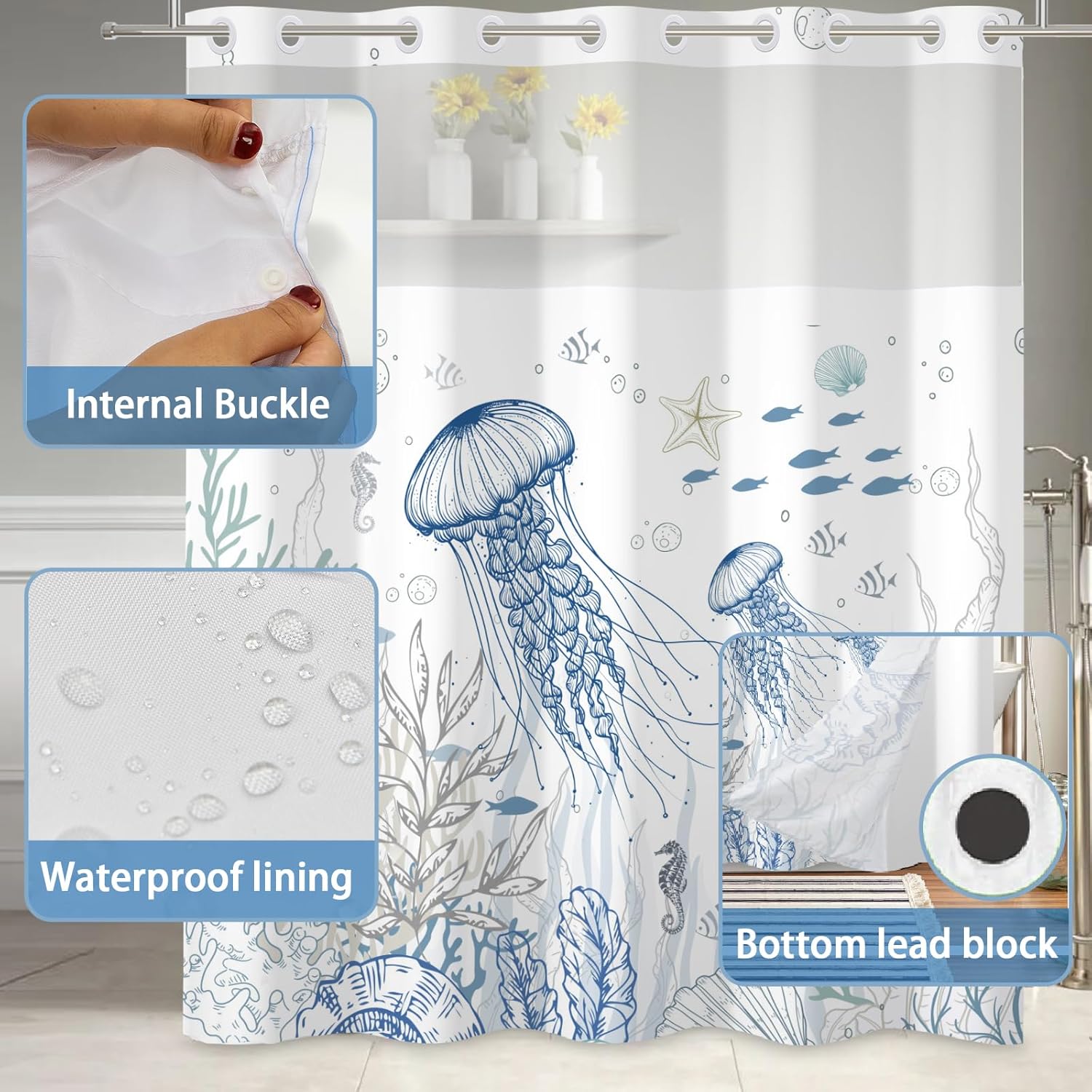 Hookless Ocean Shower Curtain with Snap in Liner Set - 71 x 82 Inch, Waterproof Jellyfish Bath Curtain for Kids and Nautical Bathroom with Mesh Top Window