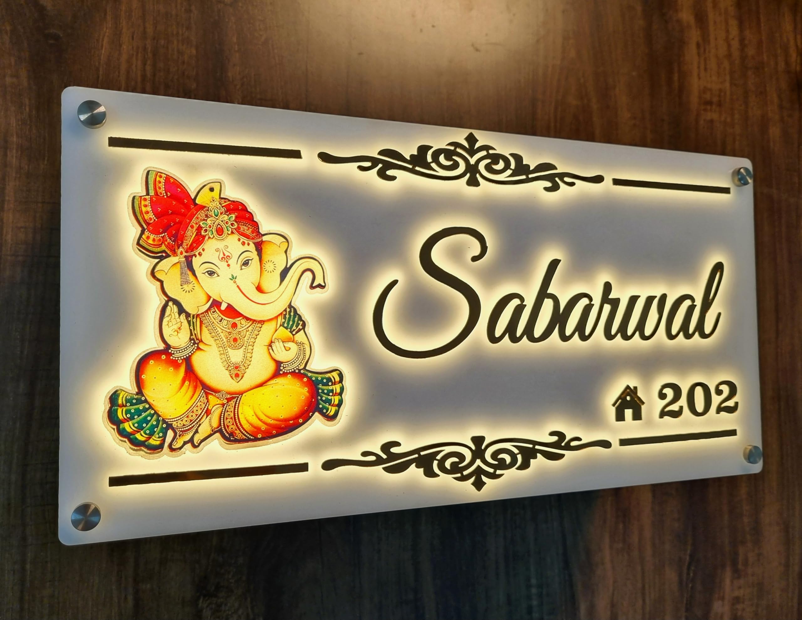 Aarushi Creations Acrylic Personalized Home Door Name Plate with LED Light - 3 Year Warranty - 10 Year Design Life - Acrylic Embossed letters, Mirror shine, White, Sun & Rain Suitable (Size 16x8 Inch)