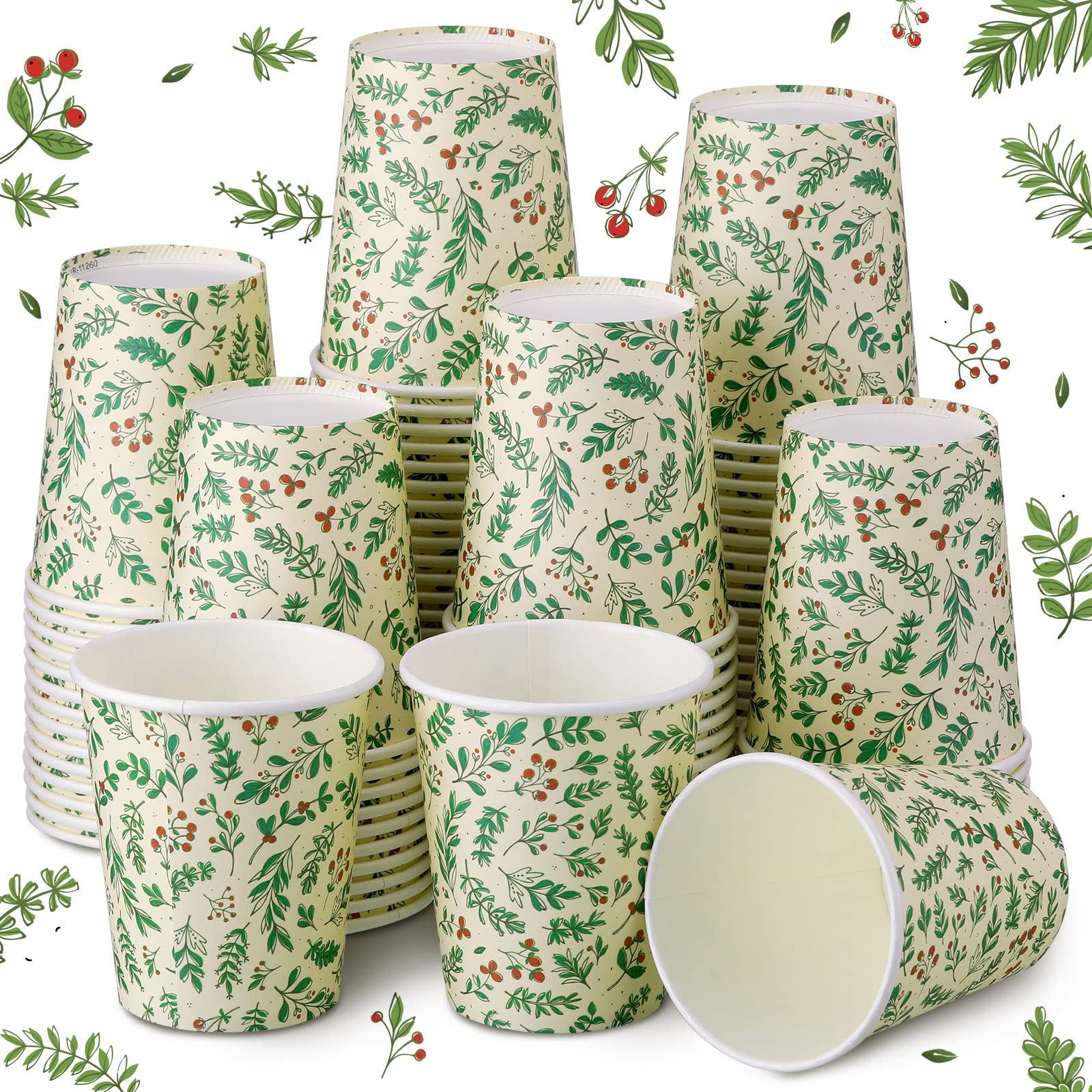 Panelee 100 Pieces 9 oz Christmas Paper Cups Christmas Holly Cups Disposable Paper Coffee Cup for Christmas Party Supplies Xmas Cups for Holidays Coffee Tea Cold Hot Drinks
