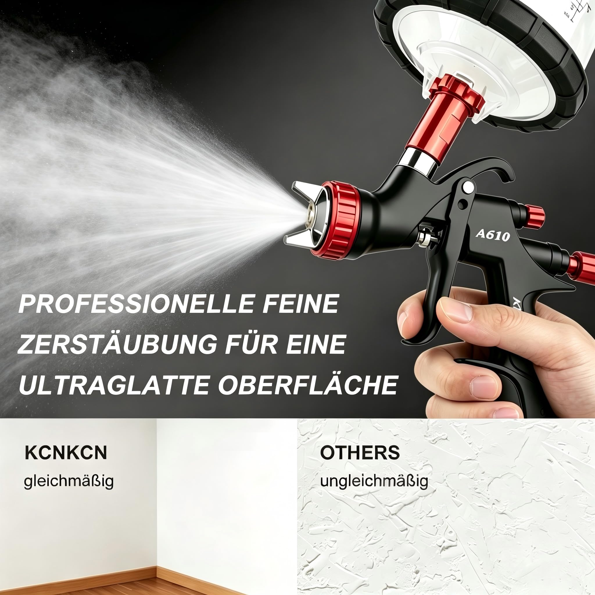 A610 LVLP Lackierpistole mit 650 ML Mischbecher & 10 Einwegbechern, 1,3/1,5/1,7 mm Düsen – Lackierpistole für Hausanstriche, Autos, Möbel, Zäune sowie Lacke & Decklacke (Schwarz)