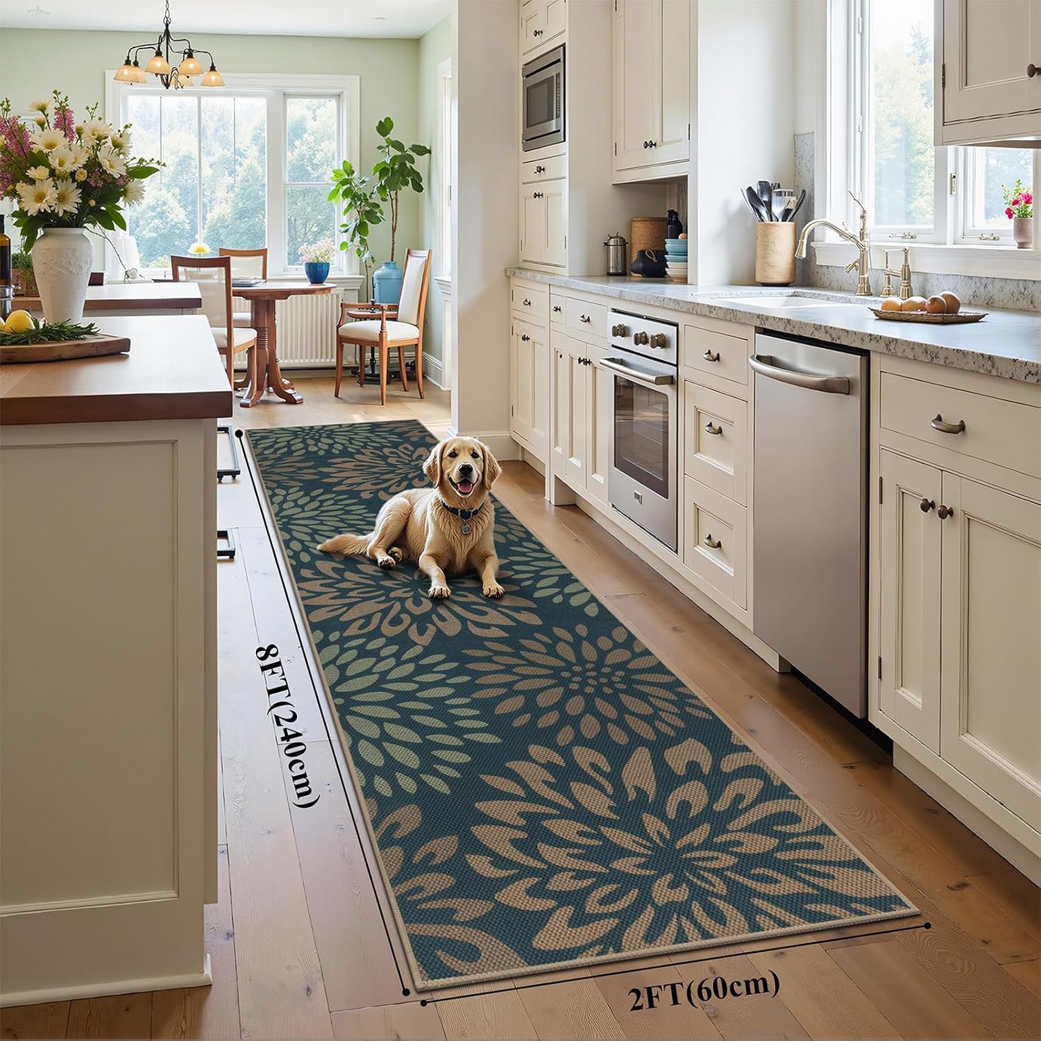 HEBE Easy Jute Hallway Washable Runner Rug,2x8 Kitchen Rug Laundry Runner Non Slip,Floral Farmhouse Kitchen Mats Floor Carpet for Entryway Door Patio Bedroom Bedside Rug Indoor Outdoor