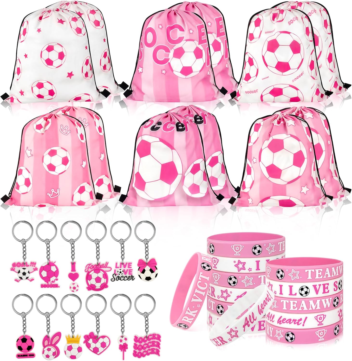 36 Pcs Pink Soccer Party Favors, Soccer Team Gifts Set Includes 12 Drawstring Goodie Bags, 12 Motivational Bracelets, 12 Keychains, Sports Birthday Party Supplies Decorations for Women