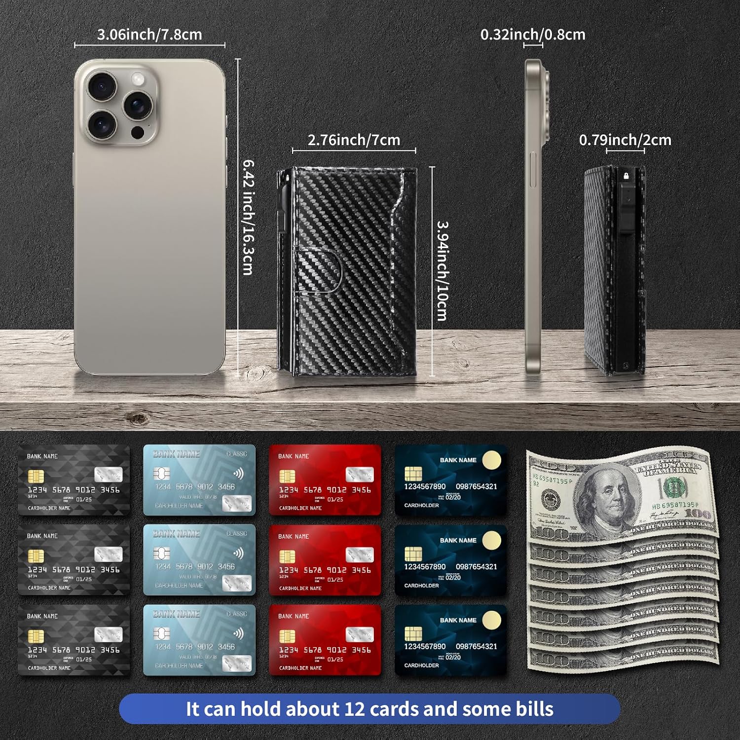 Wallet for Men, Slim Minimalist Mens Wallet for RFID Blocking, Front Pocket Credit Card Holder Wallets with ID Window, Smart Pop Up Metal Aluminum Case Gift for Men, Carbon Fiber Black