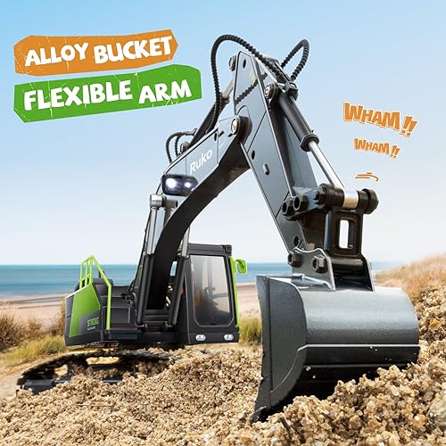 Miniatura 3 de Ruko 1661 Excavadora de juguete a control remoto para niños, vehículos de construcción RC de 2.4 GHz con pala de metal y luces de imitación, regalo