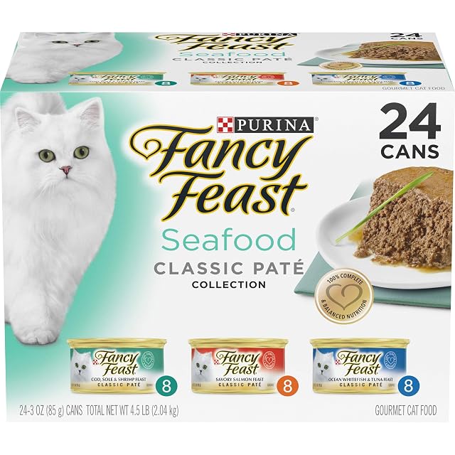 Purina Fancy Feast Seafood Classic Pate Collection Grain Free Wet Cat Food Variety Pack - Pack of 24