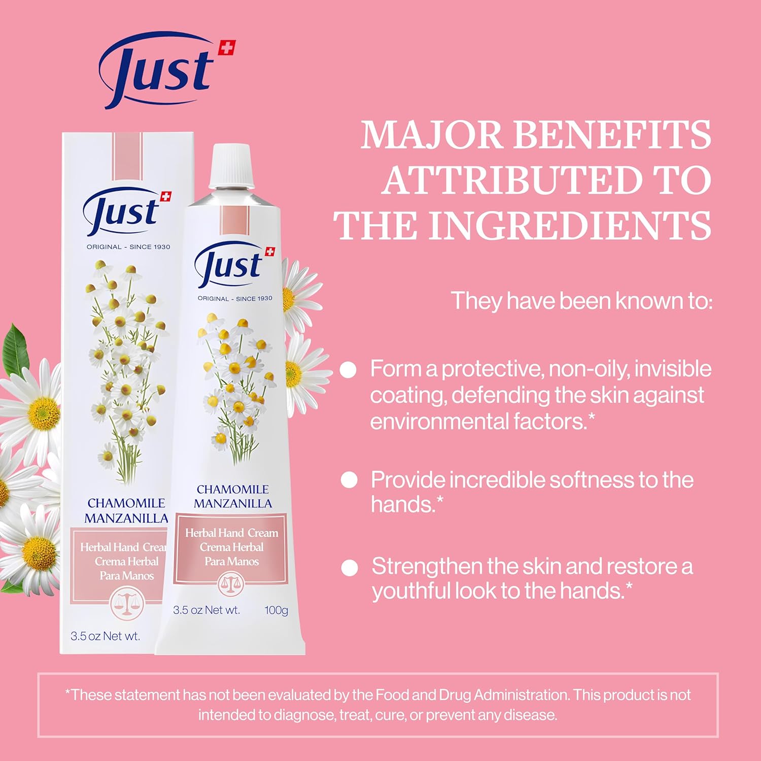 SwissJust Chamomile Hand Cream 100ml, Protecting Cream that Concentrates the Comforting & Relaxing Properties of Chamomile. Strengthens the skin, Provides Elasticity & Restores Anti Aging Hand Cream