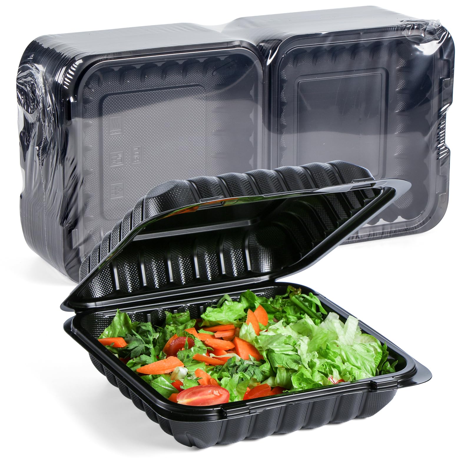 YANGRUI Takeout Containers 8 Inch 34 oz 55 Pack - Mineral Filled BPA Free Polypropylene Plastic | Shrink Wrapped Freezer & Microwave Safe | Black