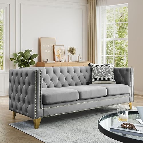 Miniatura 20 de Sofá Chesterfield, sofá moderno de terciopelo de 3 plazas con botón acolchado y ribete de tachuelas, sofá tapizado de asiento profundo, sofá grande