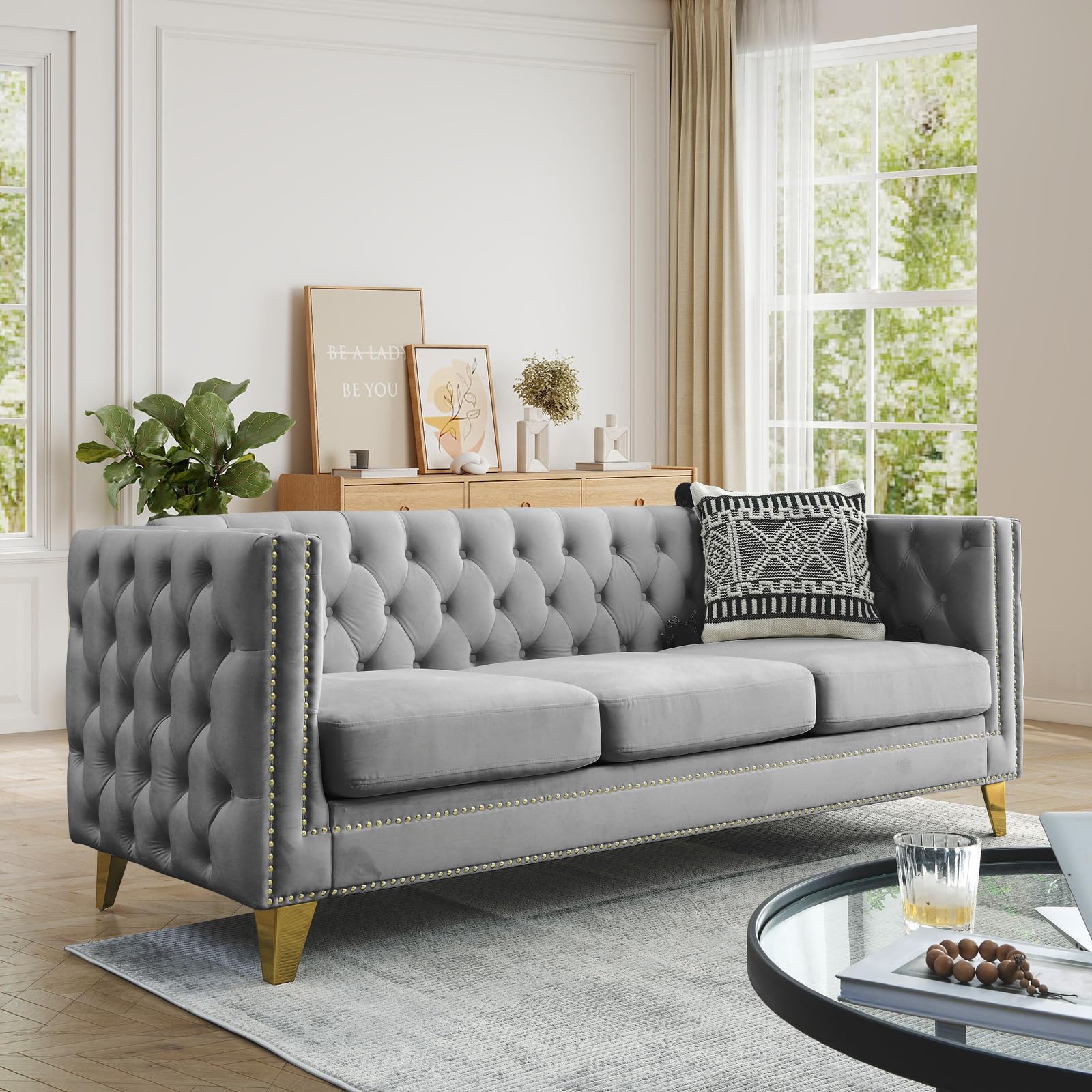 JEEOHEY Chesterfield Sofa,Velvet 3 Seater Modern Couch with Button Tufted & Nailhead Trim, Upholstered Deep Seat Couch, Oversized Comfy Sofa for