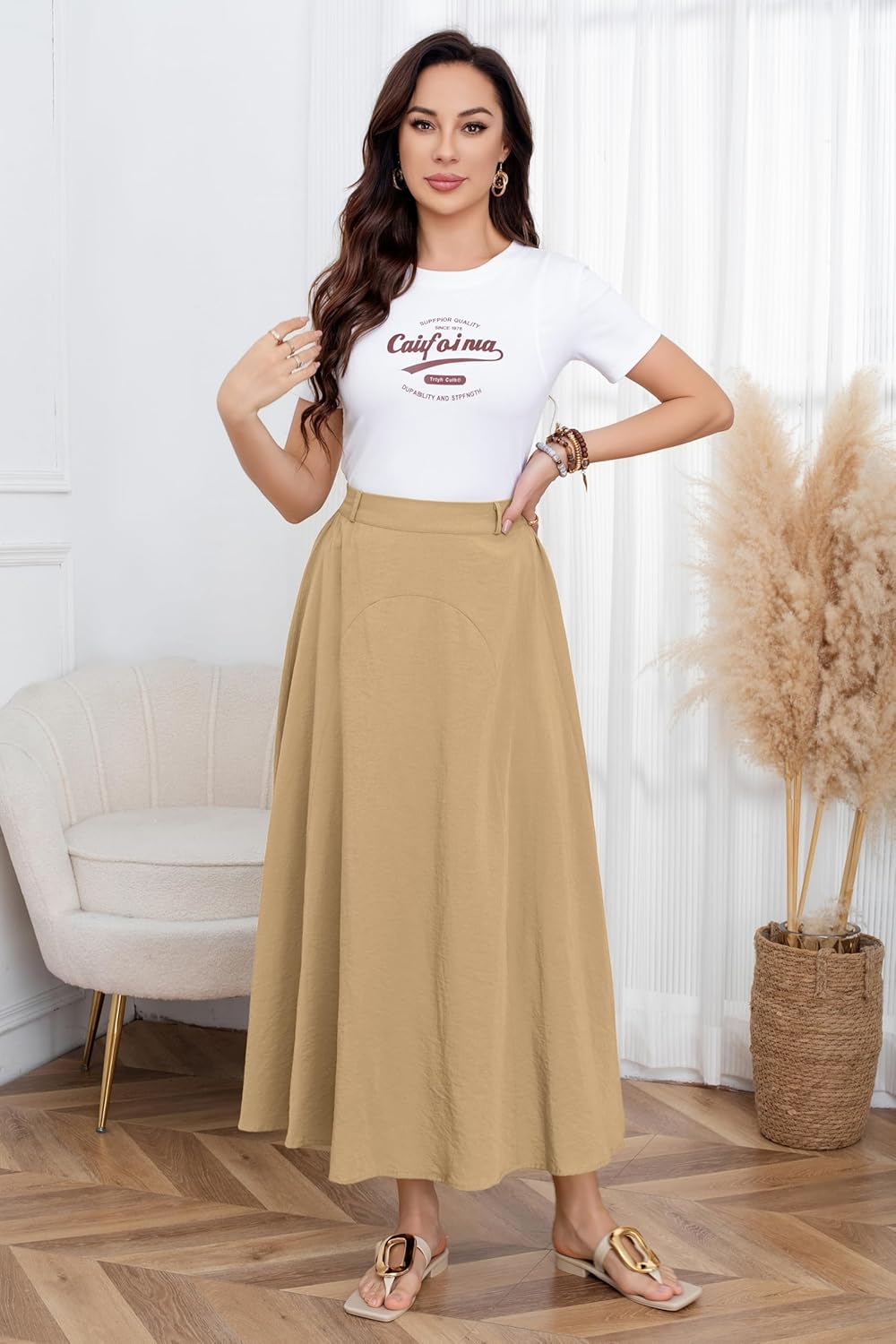CHARTOU Women Casual Cotton Linen A Line Skirt High Waist Long Flowy Skirt Flare Swing Ruffle Skirt - Image 5