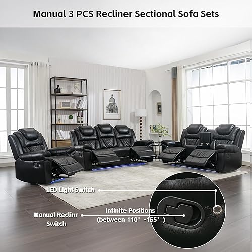 Miniatura 5 de Juego de 3 muebles de sala de estar, juegos de sofás seccionales de cuero reclinables, asientos de cine en casa, sofá reclinable manual con consola