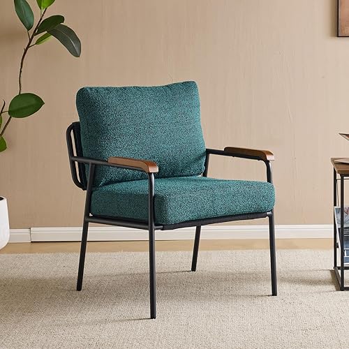 VINGLI Mid-Century Modern Accent Armchiar for Small Space, Small Comfy Upholstered Leisure Reading Chair with Wood Armrest for Bedroom, Living Room, Waiting Room, Linen Dark Green