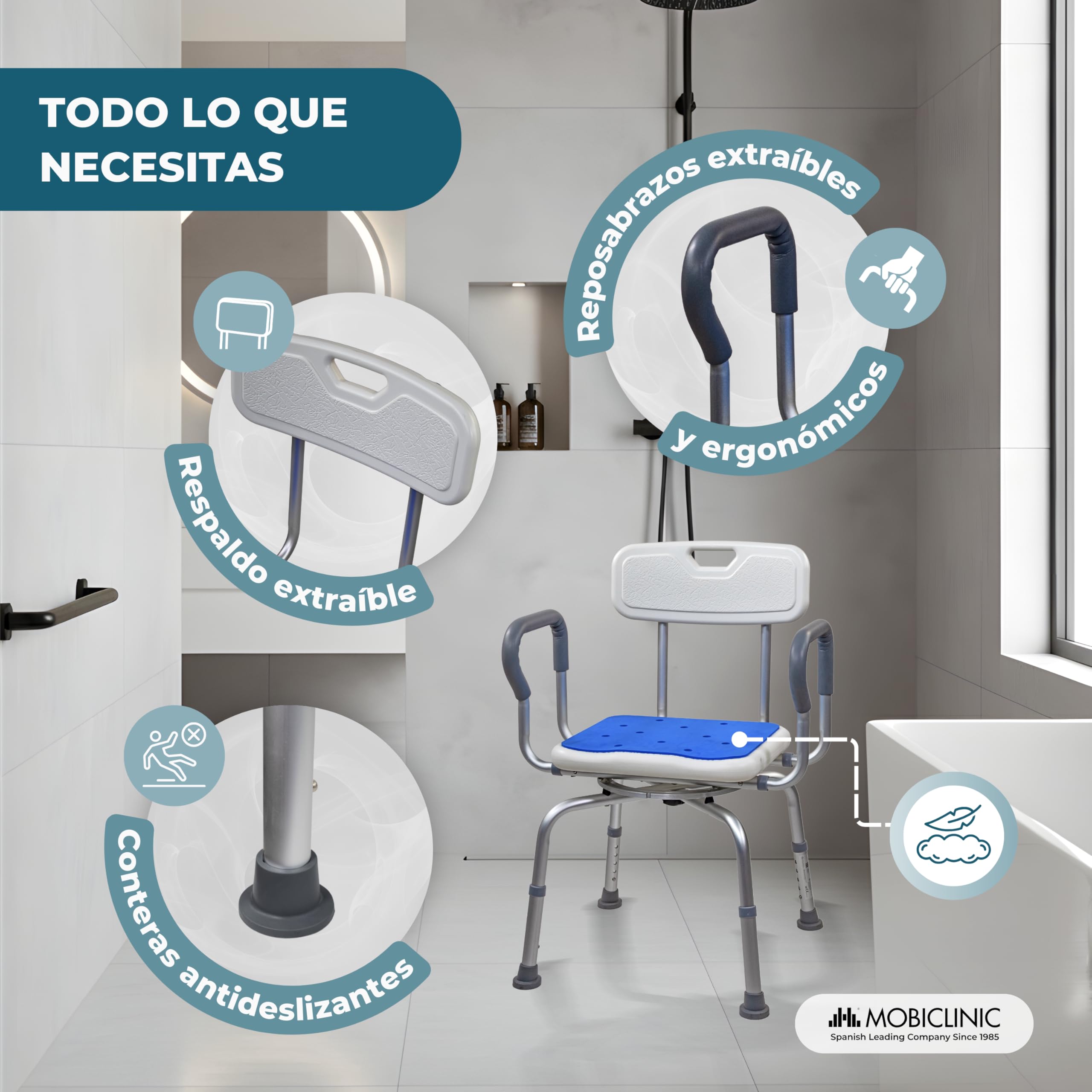 Mobiclinic®, Silla de Baño Giratoria 360°, Apoyabrazos y Respaldo, Altura Regulable, Asiento con Almohadilla EVA, Conteras Antideslizantes, Aluminio, para Mayores, Movilidad Reducida, Akila