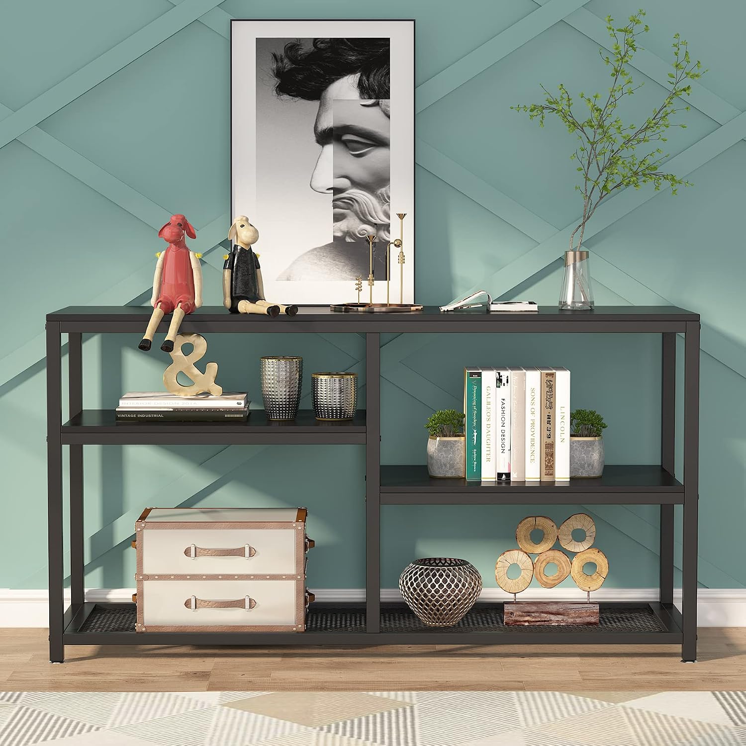 Tribesigns 47 Inch Rustic Console Table, 4-Tier Vintage Sofa Entryway Table TV Stand with Storage Shelves for Living Room (Black)