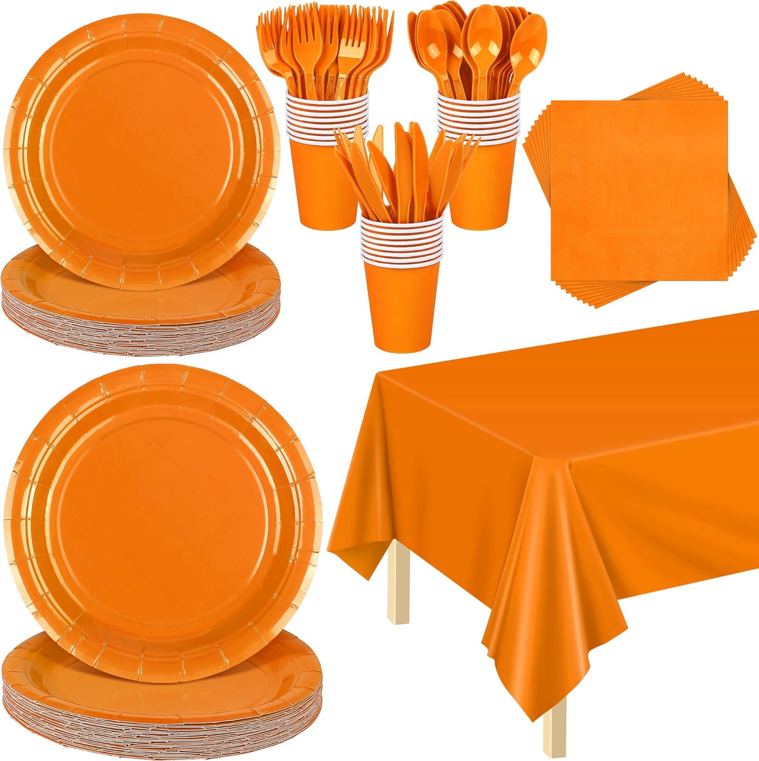 ADXCO 169-Piece Orange Party Pack: Plates, Cups, Napkins, Utensils, Tablecloth for 24 Guests - Orange Wedding or Birthday Party Decorations
