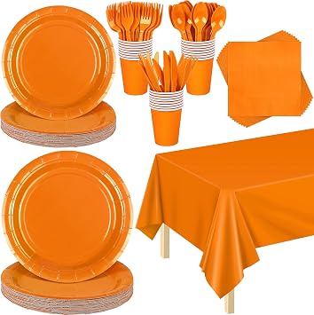 ADXCO 169-Piece Orange Party Pack Plates, Cups, Napkins, Utensils, Tablecloth for 24 Guests - Orange Wedding or Birthday Party Decorations