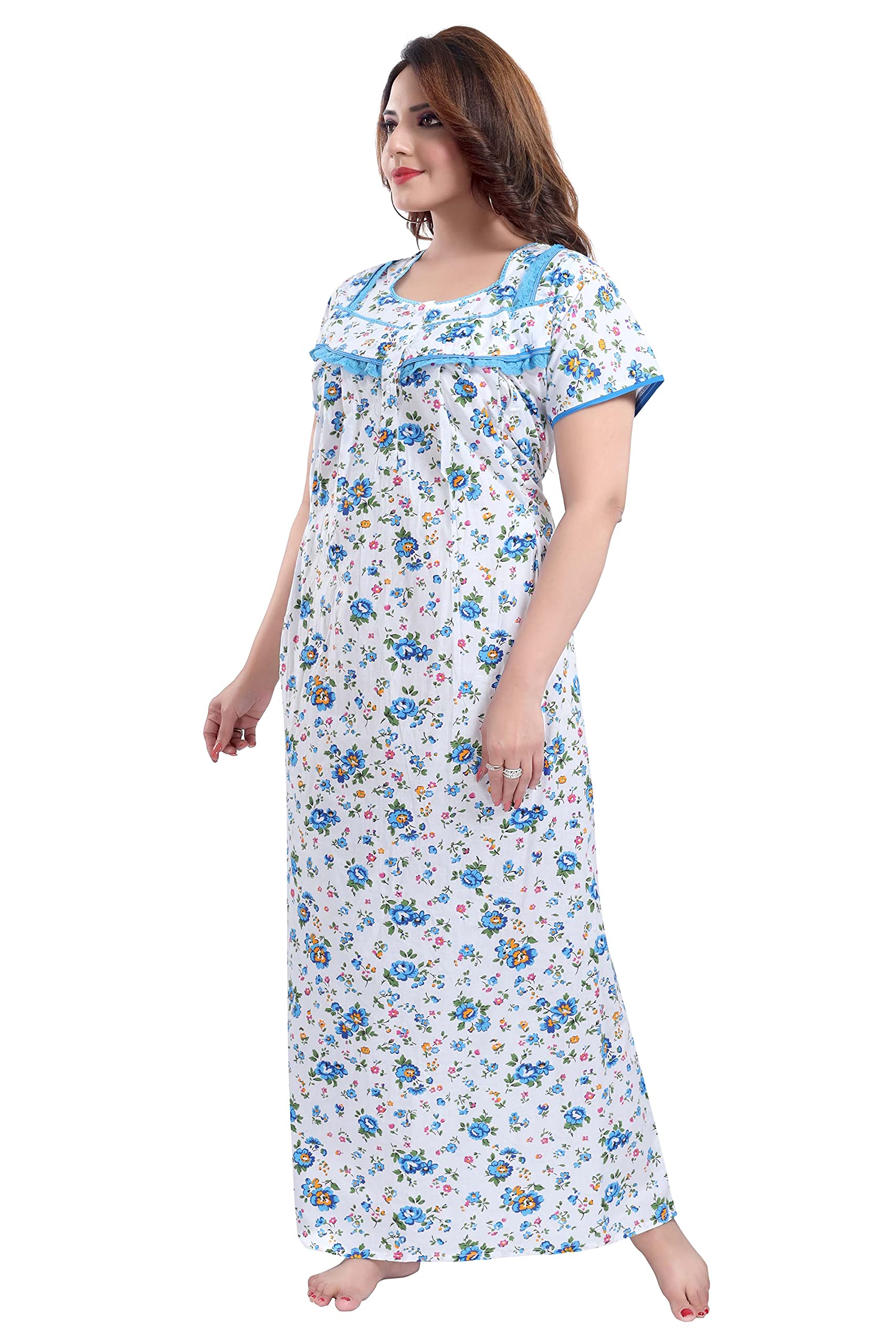 Soulemo Women's Cotton Paisley Maxi Nighty (499XXXL_OFFWHITE & BLUE_XXL - BUST 52) 3