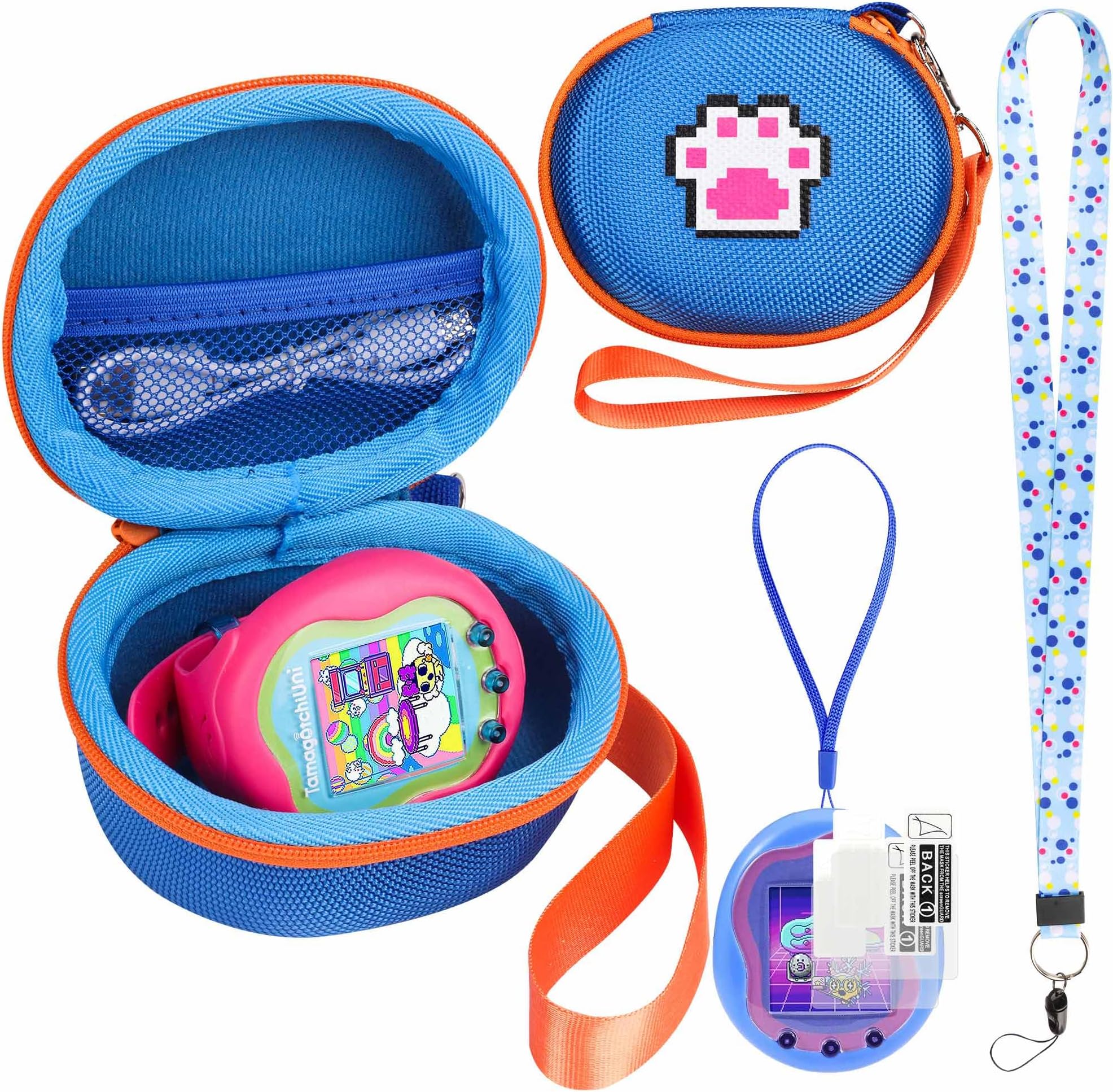 Meetikar Carrying Case Compatible with Tamagotchi Uni/Tamagotchi Pix/Tamagotchi Original/Tamagotchi Nano x Virtual Pet Game Machine, Hard Case with Neck Strap, Lanyard and Screen Protector (Blue)