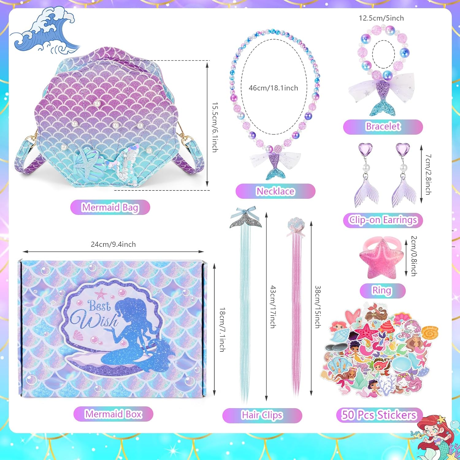 Purse for Little Girls Dress Up Jewelry Set, Kids Mermaid Hair Accessories Mermaid Toys Sticker