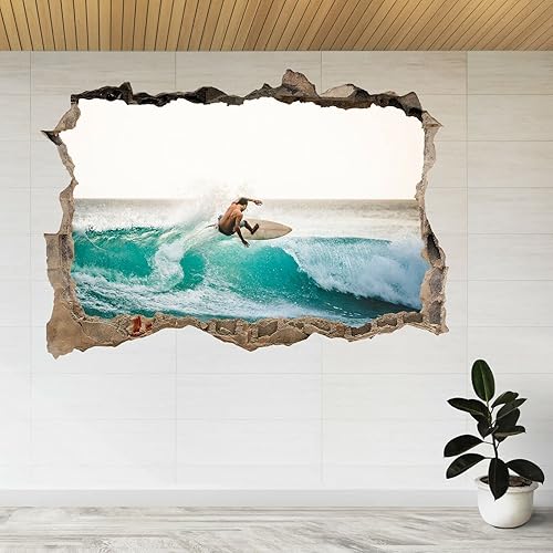 Calcomanía de pared de arte arte de pared 3D Smashed Surfer Riding Waves in Bali 3D Smashed View Wall Sticker Poster Decal A498 21.7x31.5 in
