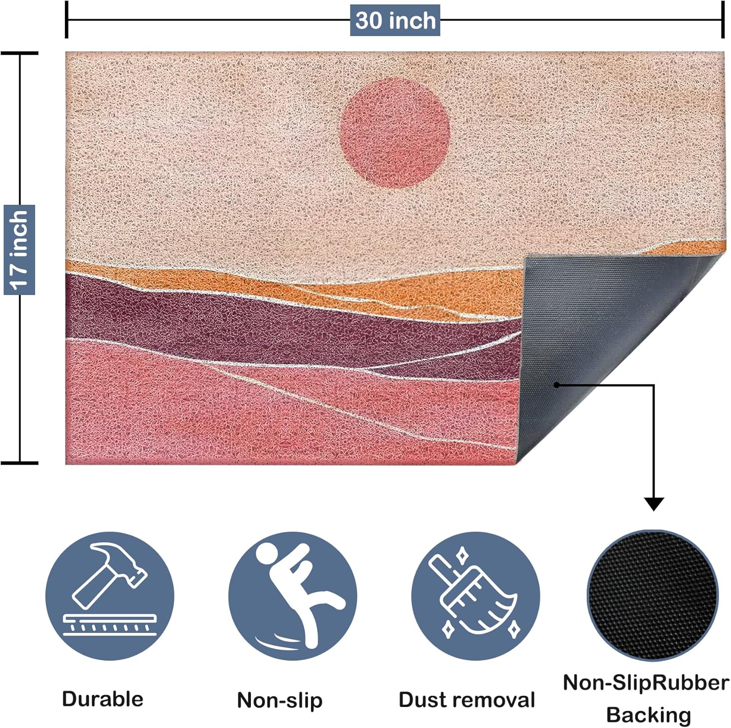 Boho Door Mat, Abstract Boho Pink Mountain Sunrise Sunset Doormat Non-Slip for Front Door Porch Indoor Outside Entrance Entryway, Mid Century Modern Welcome Mat, 17x30 Inch