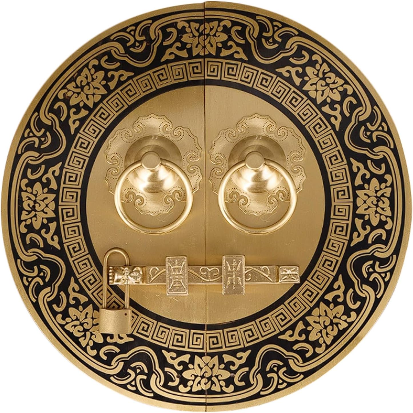 Antique Pure Copper Door Handle Set, Chinese Classic Round Pull Ring with Brass Lock, Retro Bolt Pin Accessory(Brass,THK 1.2mm)